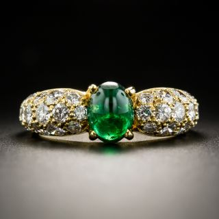 Estate French Cabochon Emerald and Diamond Ring - 1