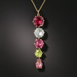 Estate Gold Tourmaline Aquamarine and Peridot Pendant Necklace - 2