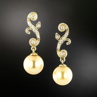 Estate Golden South Sea Pearl and Diamond Earrings - 4