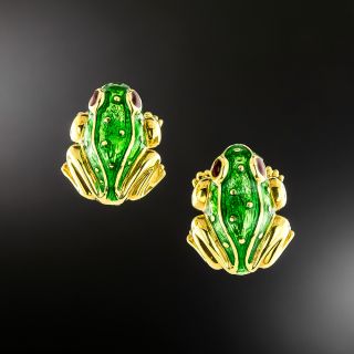 Estate Green Enamel Frog Earrings - 2