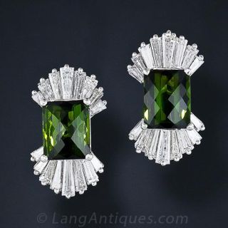 Estate Green Tourmaline and Diamond Earrings - 1
