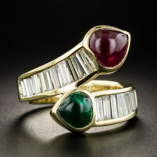 Estate Heart-Shaped Ruby and Emerald Cabochon and Diamond Bypass Ring - 1