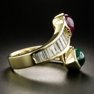 Estate Heart-Shaped Ruby and Emerald Cabochon and Diamond Bypass Ring