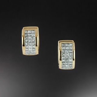 Estate Invisibly-Set Diamond Huggie Hoop Earrings - 1