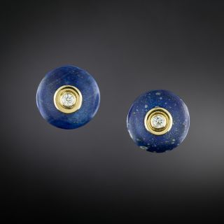 Estate Lapis and Diamond 18K Button Earrings - 3