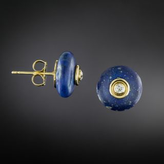 Estate Lapis and Diamond 18K Button Earrings