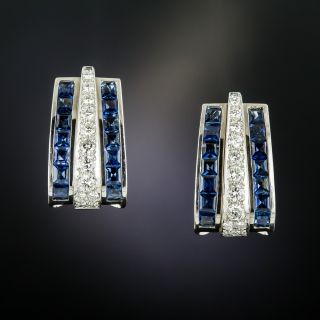 Estate Large Sapphire and Diamond Hoop Earrings - 2