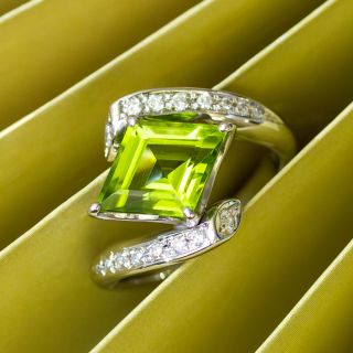 Estate Lozenge-Shaped Peridot and Diamond Bypass Ring