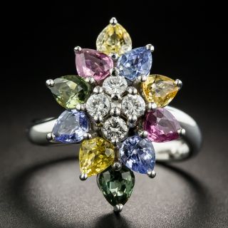 Estate Multi-Color Sapphire and Diamond Cluster Ring - 1