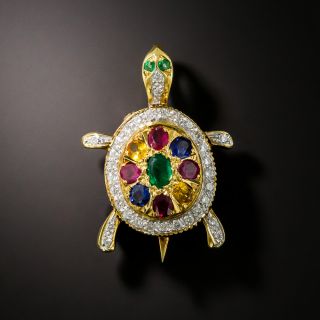 Estate Multi-Gem and Diamond Turtle Brooch - 2