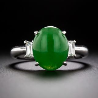 Estate Natural Burmese Jade and Baguette Diamond Ring - 3