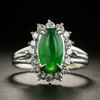 Estate Natural Burmese Jade and Diamond Halo Ring - 1