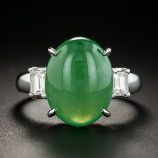 Estate Natural Jade Cabochon and Diamond Ring - 1