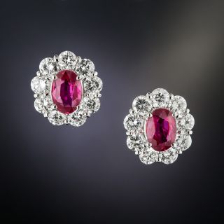 Estate No-Heat Ruby Diamond Platinum Earrings - 2