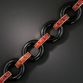 Estate Onyx and Coral Link Bracelet