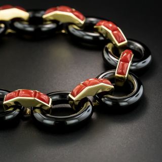 Estate Onyx and Coral Link Bracelet - 4