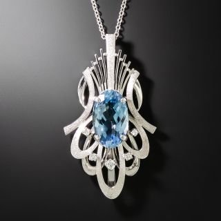 Estate Oval Aquamarine and Diamond Pendant Necklace - 2