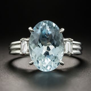 Estate Oval Aquamarine Platinum Diamond Ring - 1