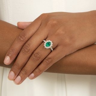 Estate Oval Emerald and Diamond Halo Ring - GIA