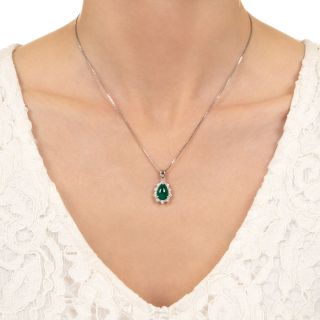 Estate Pear-Shaped Cabochon Emerald and Diamond Halo Necklace