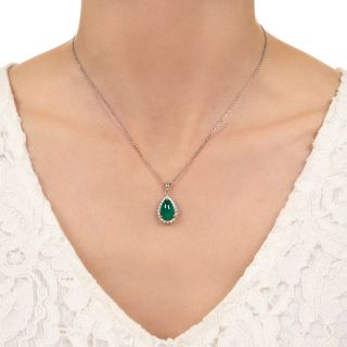 Estate Pear Shaped Cabochon Emerald and Diamond Halo Pendant