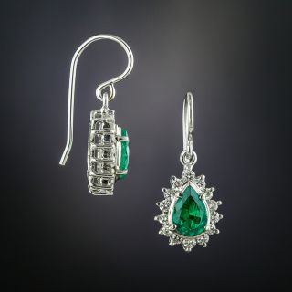 Estate Pear Shaped Emerald and Diamond Dangle Earrings - 2