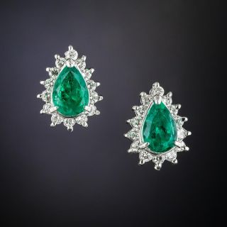 Estate Pear-Shaped Emerald and Diamond Earrings - 2