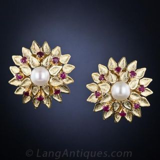 Estate Pearl and Ruby Earrings