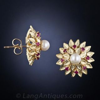 Estate Pearl and Ruby Earrings