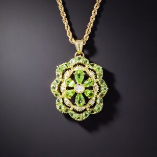 Estate Peridot and Diamond Cluster Pendant - 1