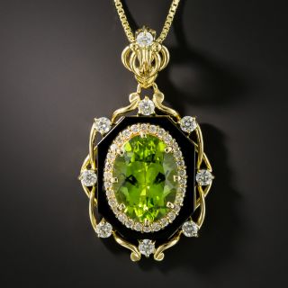 Estate Peridot Onyx Diamond Pendant Necklace - 1