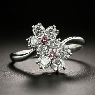 Estate Pink and White Diamond Double Flower Ring - 2