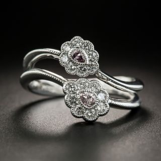Estate Pink Center Diamond Platinum Flower Ring - 1