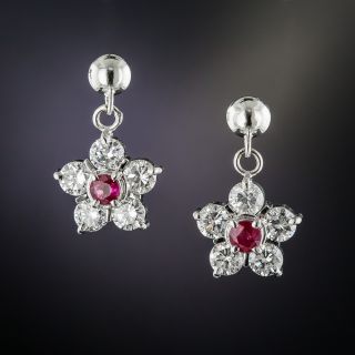 Estate Platinum Diamond Ruby Flower Earrings - 2