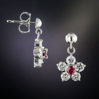 Estate Platinum Diamond Ruby Flower Earrings
