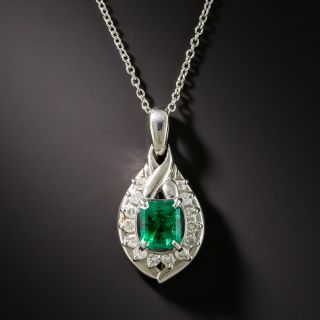 Estate Platinum Emerald Diamond Pendant Necklace - 2