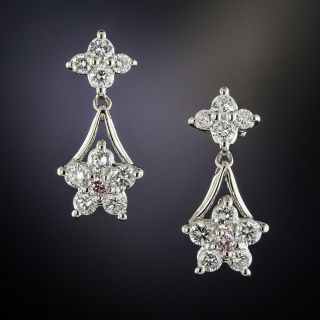 Estate Platinum Pink and White Diamond Flower Earrings - 2