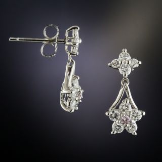 Estate Platinum Pink and White Diamond Flower Earrings