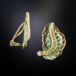 Estate Plique-à-Jour Enamel Diamond Leaf Clip Earrings - 1