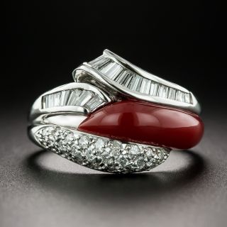 Estate Red Coral and Diamond Ring, Size 7 - 1
