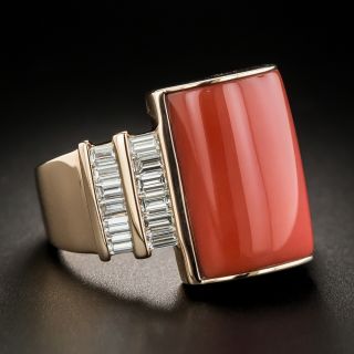 Estate Rose Gold Coral and Diamond Ring
