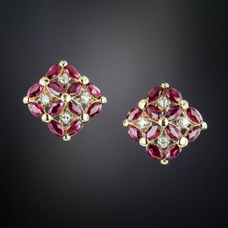 Estate Ruby and Diamond Cluster Earrings - 2