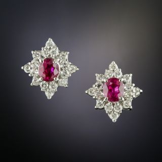 Estate Ruby and Diamond Cluster Earrings - 2