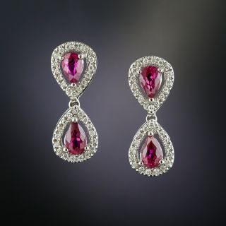 Estate Ruby and Diamond Double Tear Drop Earrings - 2