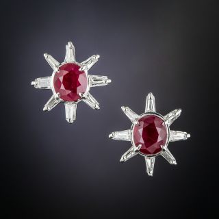 Estate Ruby and Diamond Platinum Earrings - 2