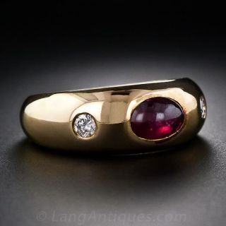 Estate Ruby Cabochon and Diamond Ring