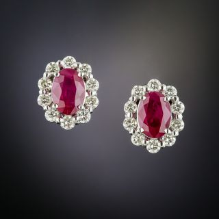 Estate Ruby Diamond Platinum Halo Earrings - 2