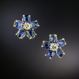 Estate Sapphire and Diamond Flower Earrings - 3
