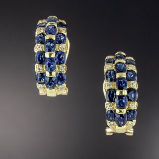 Estate Sapphire and Diamond Half Hoop Earrings - 1