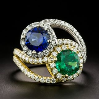 Estate Sapphire and Emerald Bypass Ring - GIA - 2